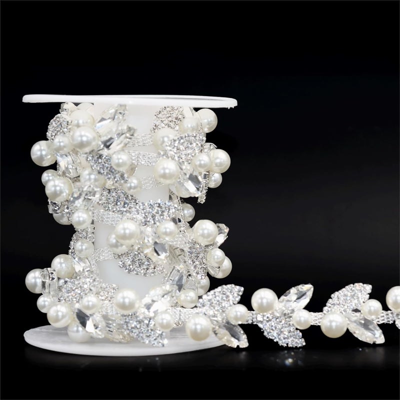 Jerler 1 Yard Pearl Tassel Rhinestone Trim, Inlaid Pearl Beaded Chain, Crystal Applique Ideal for DIY and Wedding Party Decoration Bridal Embellishments, 0.78" Width (Tassel-11, 1 Yard) - Image 3